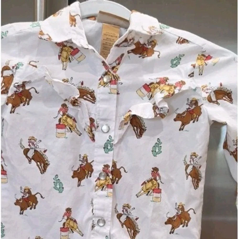 Wrangler Girls Western Rodeo Pearl Snap Shirt Cowgirl Ruffles Back to‎ School XS